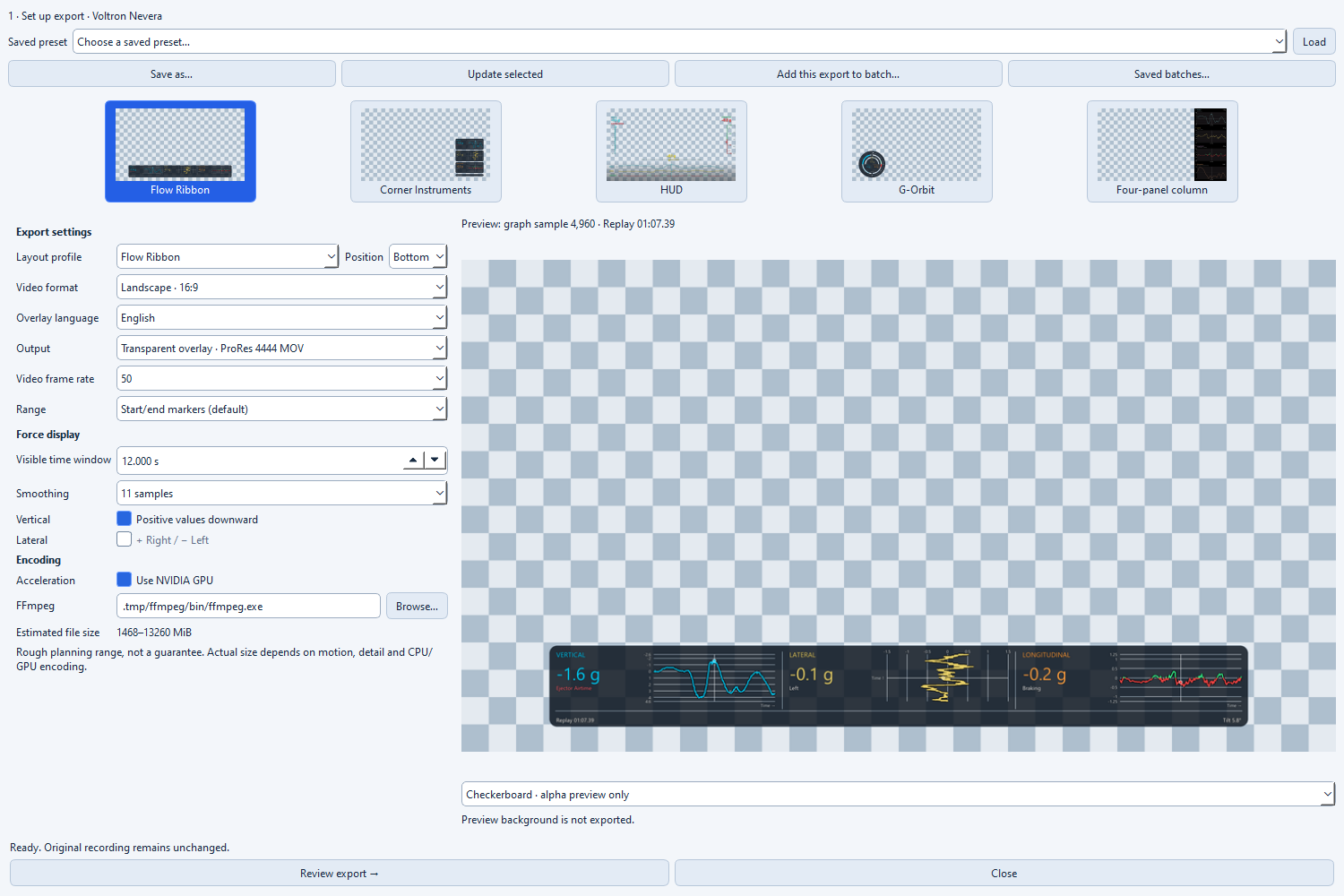 Export assistant showing layout thumbnails, the Position selector and a Flow Ribbon preview with Ejector Airtime
